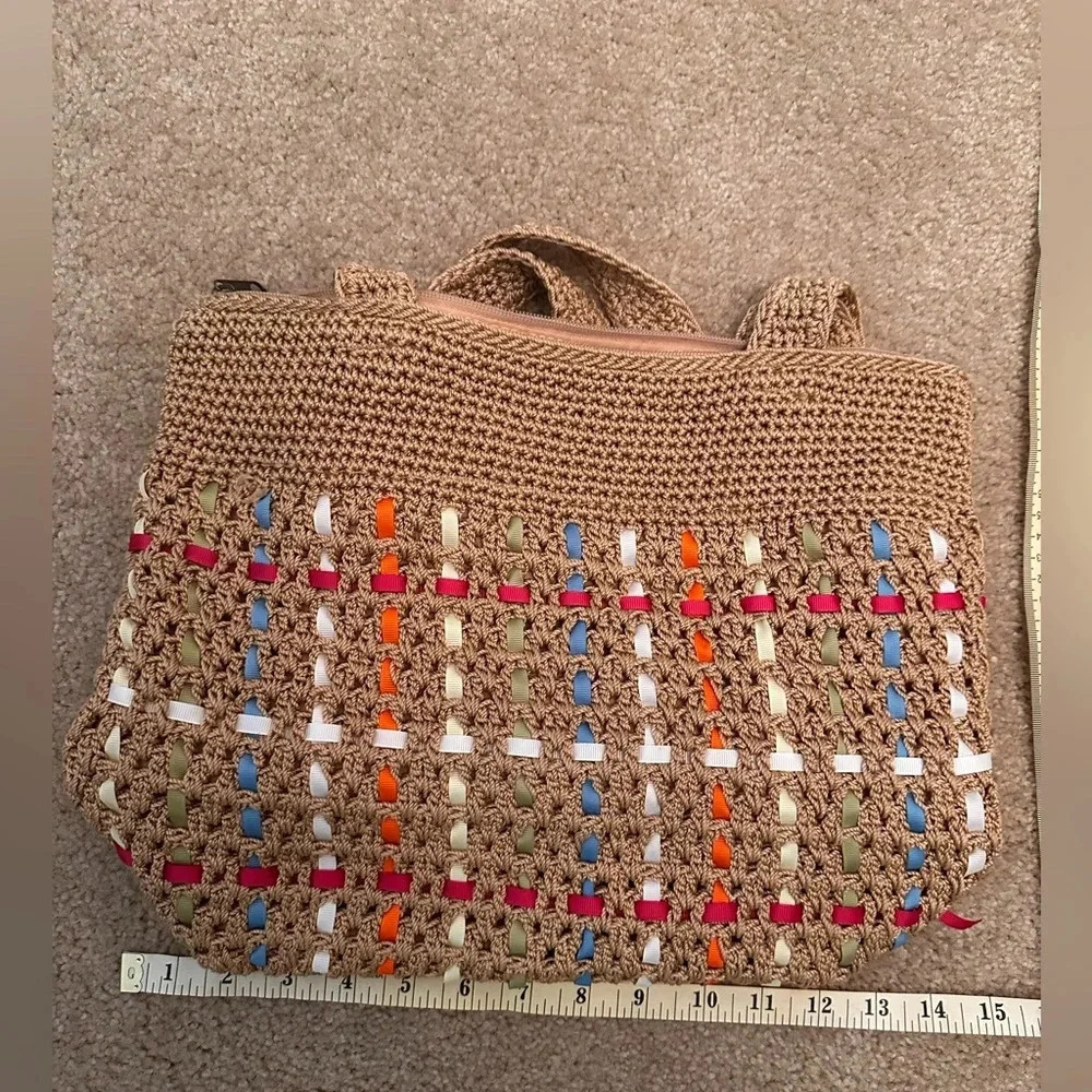 The Sak Y2K 90s Knit Crochet w/ Woven Ribbons Tan & Rainbow Purse. - Picture 6 of 10